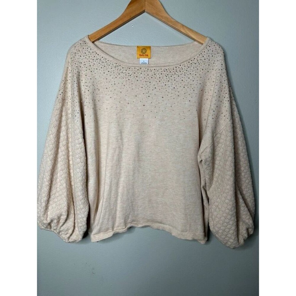 Ruby Road Embellished Sweater Size L Beige Gold Balloon Sleeves